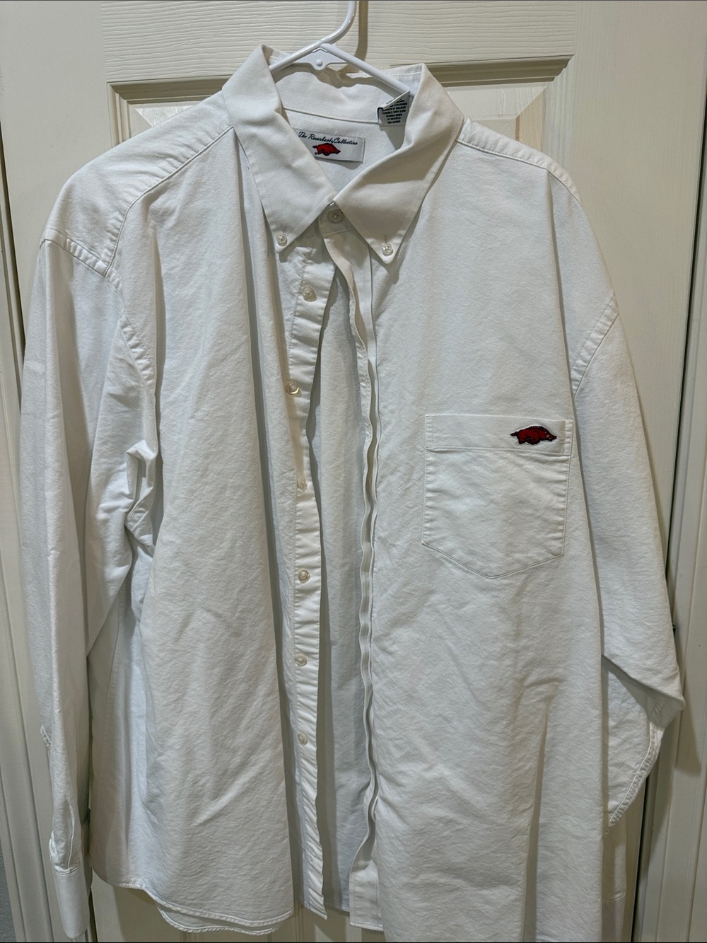 White Button-Down Oxford Shirt with Embroidered Red Razorback